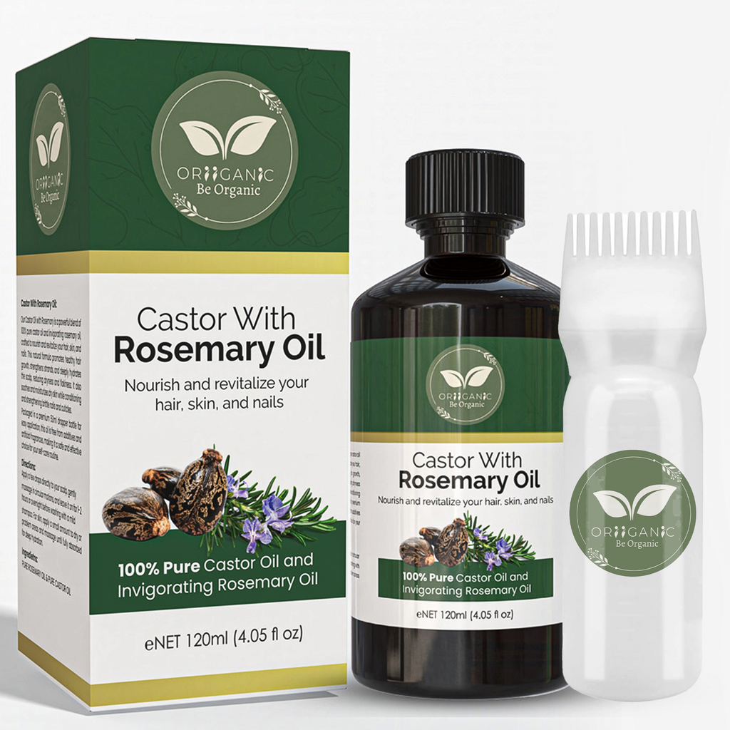 Oriiganic  100 % pure Castor oil  with Rosemary for Hair & Body 120 ml - Natural Hair Growth - Strengthen Hair Roots - Treat Dry and Damaged Hair